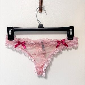Victoria's Secret Frilly Pink Lace Thong w Fuchsia Bows Size M
